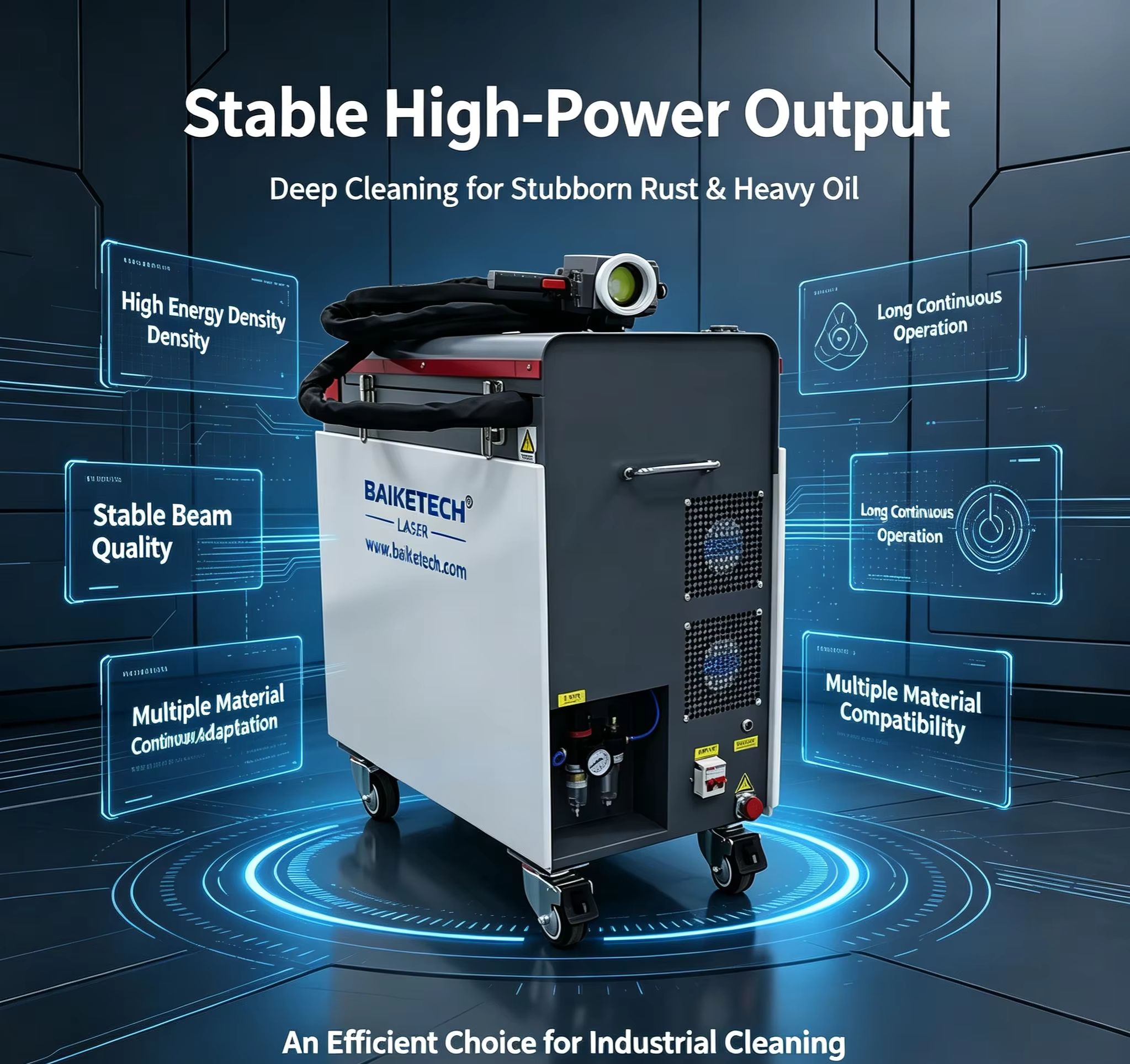 Industrial Laser Cleaner - เครื่องทำความสะอาดด้วยเลเซอร์ไฟเบอร์ต่อเนื่องแบบตู้ สำหรับงานอุตสาหกรรมที่มีเสถียรภาพ ใช้ทำความสะอาดสนิมหนาและชิ้นงานขนาดใหญ่